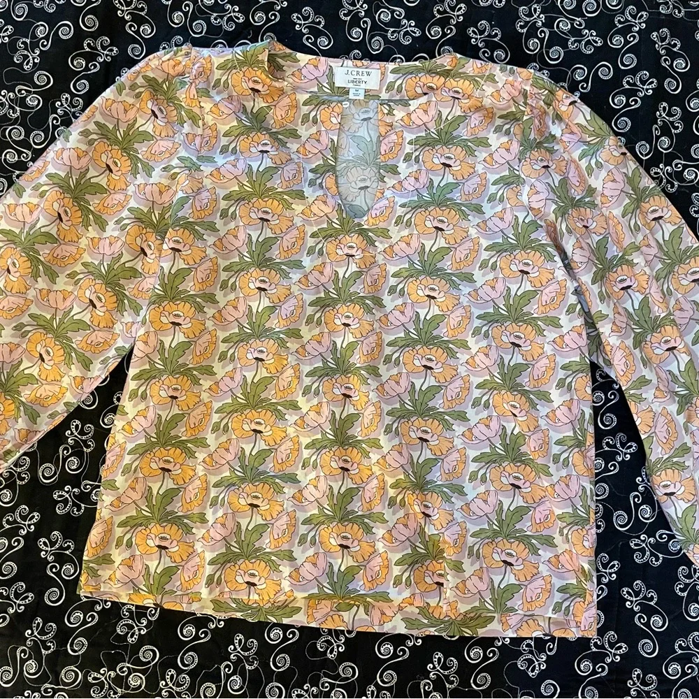 J Crew Liberty Cotton Poppy Print Popover Peasant Top, Size Medium. - Picture 2 of 9